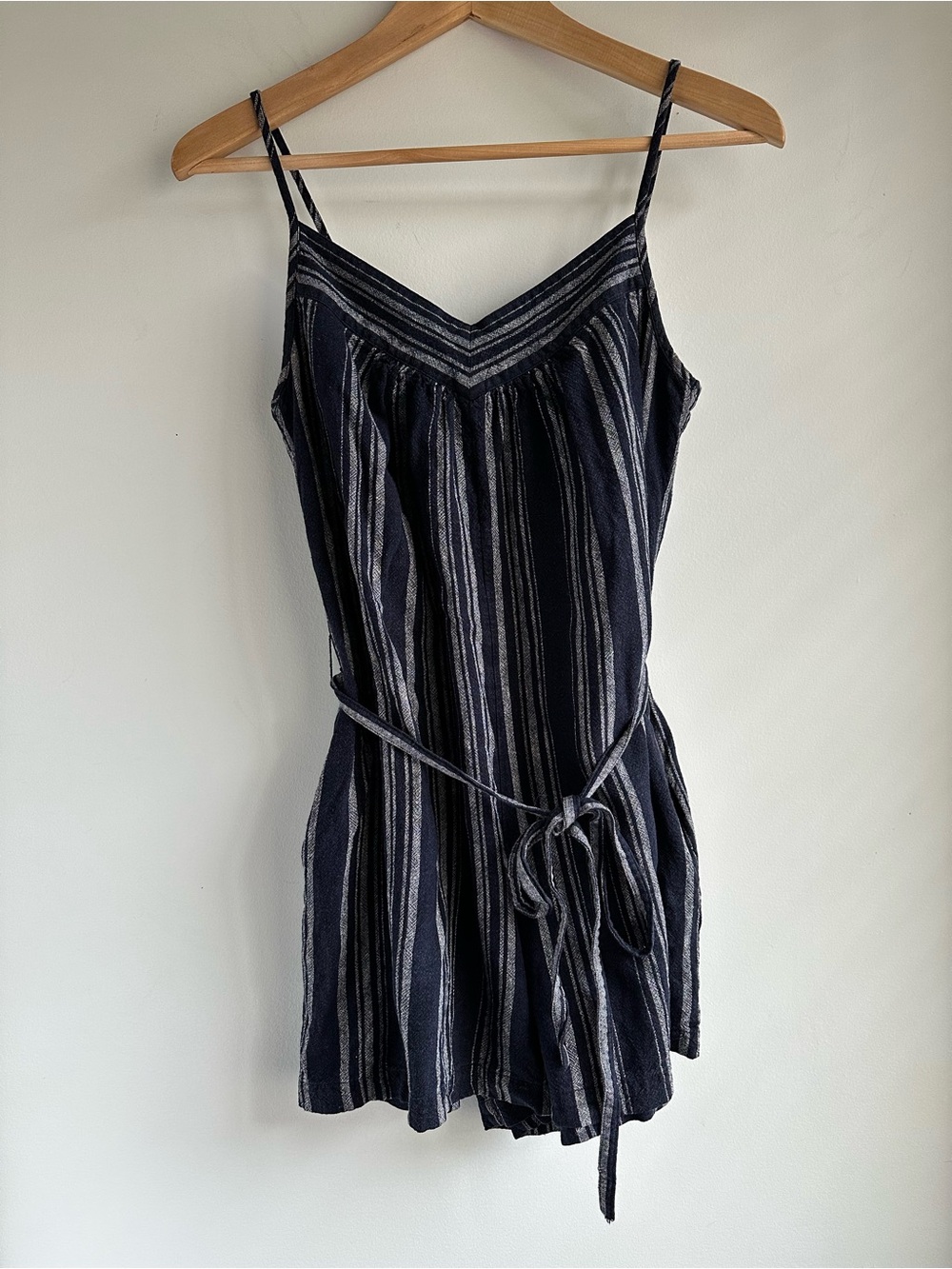 Uniqlo Navy and Gray Striped Spaghetti-Strap Romper S
